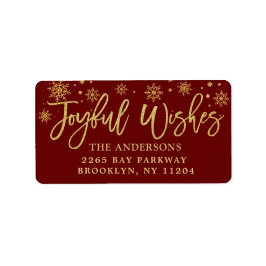 Joyful Wishes Faux Gold & Burgundy Holiday Adres Etiket (Voorkant)