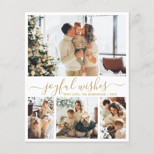 Joyful Wishes Gold Script 4 Photo Christmas Kaart (Voorkant)