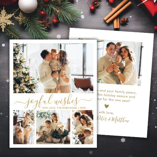 Joyful Wishes Gold Script 4 Photo Christmas Kaart