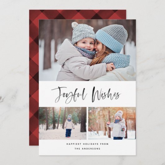 Joyful Wishes Modern Brusn Script Photo met Kerstm Feestdagenkaart (Voorkant / Achterkant)