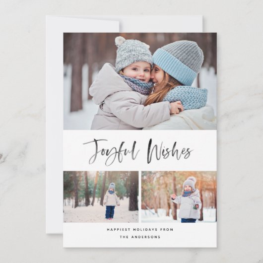 Joyful Wishes Modern Brusn Script Photo met Kerstm Feestdagenkaart (Voorkant)