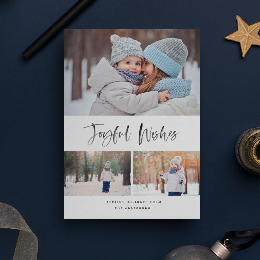 Joyful Wishes Modern Brusn Script Photo met Kerstm Feestdagenkaart