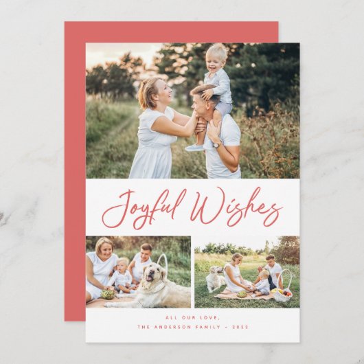 Joyful Wishes Red Script Kerstfoto Collage Feestdagenkaart (Voorkant / Achterkant)