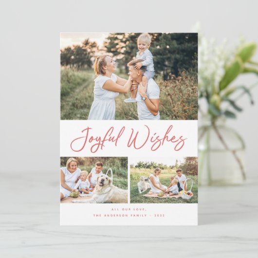 Joyful Wishes Red Script Kerstfoto Collage Feestdagenkaart (Staand voorkant)