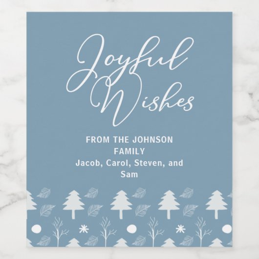 Joyful Wishes Slate Blue Kerstbomen Custom Wijn Etiket (Enkel label)