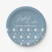 Joyful Wishes Slate Blue Trees Kerstparty Papieren Bordje (Voorkant)