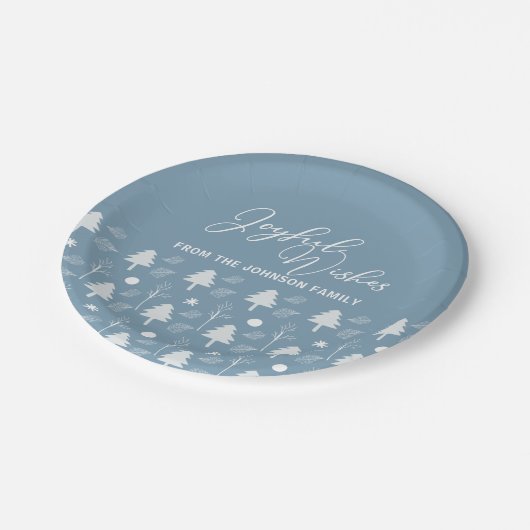 Joyful Wishes Slate Blue Trees Kerstparty Papieren Bordje (Gekanteld)