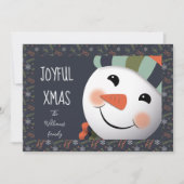 Joyful Xmas Happy Snowman foliage border blue Feestdagenkaart (Voorkant)