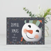 Joyful Xmas Happy Snowman foliage border blue Feestdagenkaart (Staand voorkant)