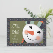 Joyful Xmas Happy Snowman foliage border green Feestdagenkaart (Staand voorkant)