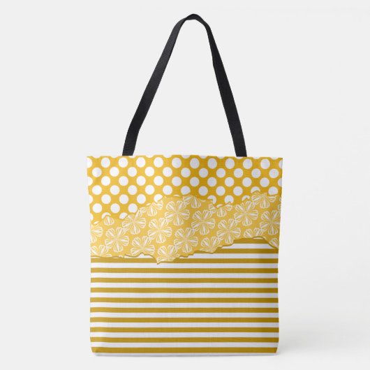 Joyful Yellow Stripes Floral Polka Dot gelaagd Tote Bag (Voorkant)