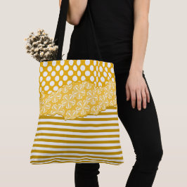 Joyful Yellow Stripes Floral Polka Dot gelaagd Tote Bag