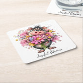Joyiful Blooms Cute Pig Floral Coaster Kartonnen Onderzetters (Schuin)