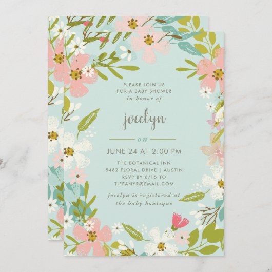 Joyous Floral | Munt Baby shower Uitnodiging (Voorkant / Achterkant)