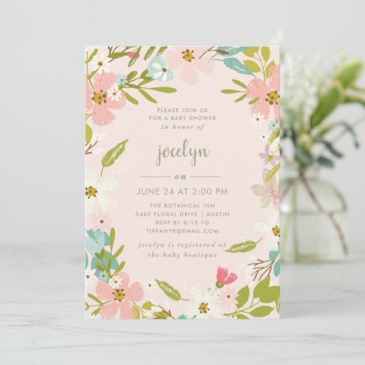 Joyous Floral | Roze Baby shower uitnodiging (Staand voorkant)