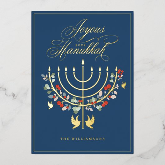 Joyous Hanukkah Festive Menorah Candle Foto Folie Feestdagenkaart (Voorkant)