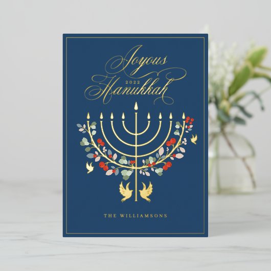 Joyous Hanukkah Festive Menorah Candle Foto Folie Feestdagenkaart (Staand Voorkant)