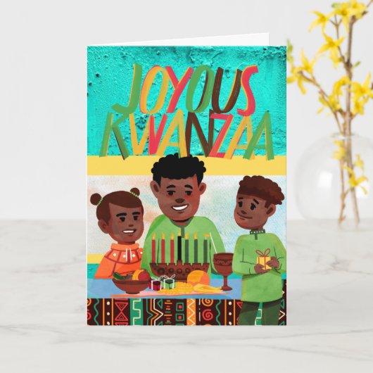 Joyous Kwanzaa Dad and Children met Kinara Kaart (Gele Bloem)