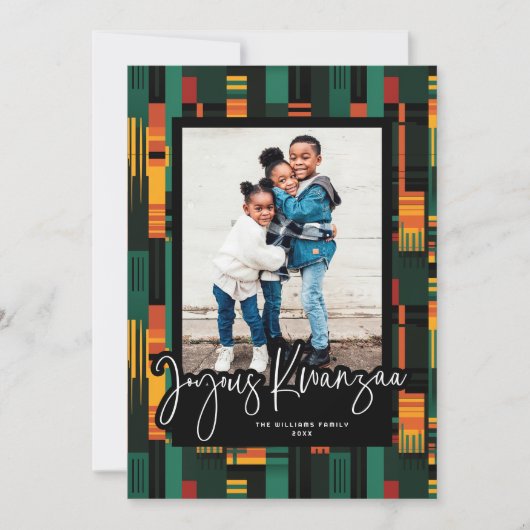 Joyous Kwanzaa Modern Script Kente Doek Foto Feestdagenkaart (Voorkant)