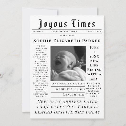 Joyous Newborn Times Birth Aankondiging (Voorkant)