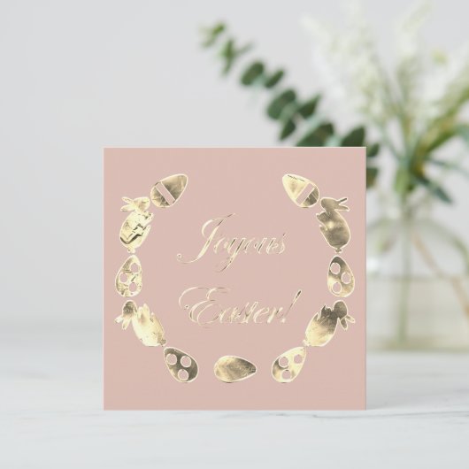 Joyous Paast Bunny Elegant Pink Gold Pasen Feestdagenkaart (Staand voorkant)