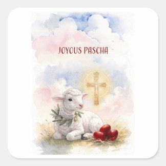 Joyous Pascha Lamb, Red Eggs and Cross Vierkante Sticker