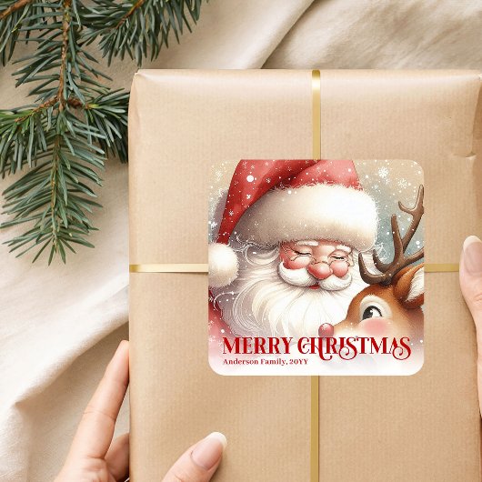 Joyous Personalized Santa and Rudolph Christmas  Vierkante Sticker