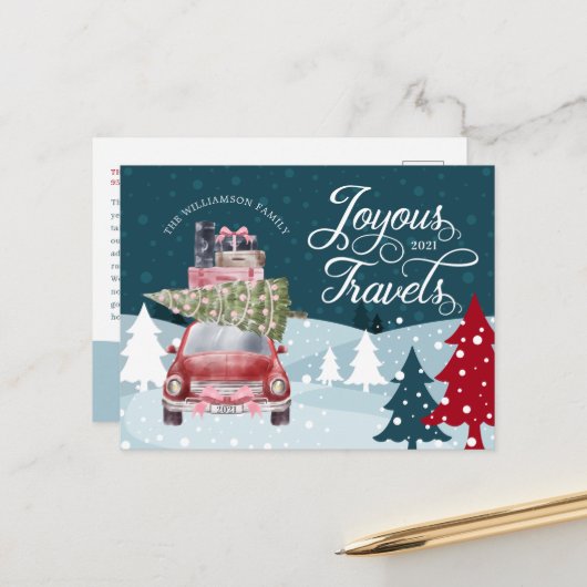 Joyous Travels Road Trip Red Retro Waterverf Feestdagenkaart (Voorkant / Achterkant in situ)