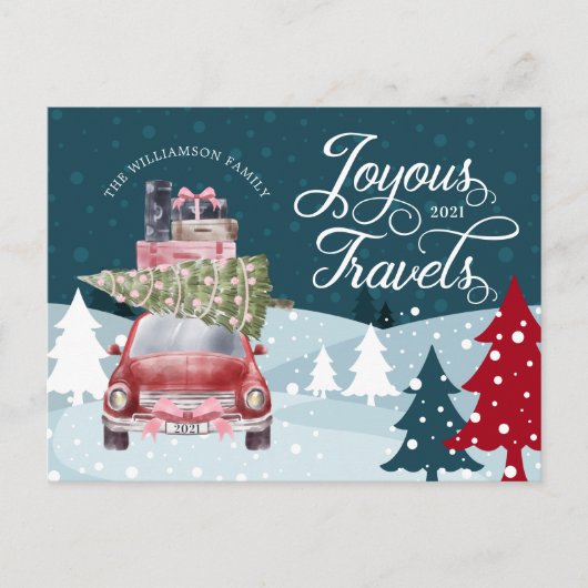 Joyous Travels Road Trip Red Retro Waterverf Feestdagenkaart (Voorkant)