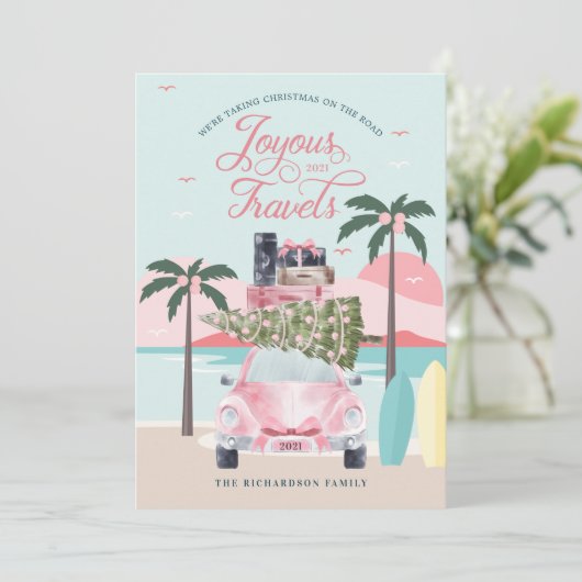 Joyous Travels Tropical Road Trip Pink Retro Feestdagenkaart (Staand voorkant)
