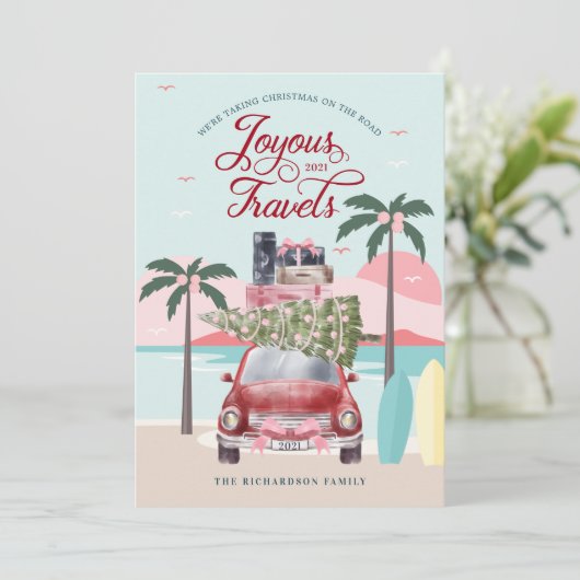 Joyous Travels Tropical Road Trip Red Retro Feestdagenkaart (Staand voorkant)