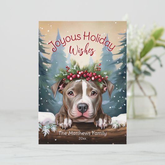 Joyous Wishes Winter Wonderland American Pit Bull Feestdagenkaart (Staand voorkant)