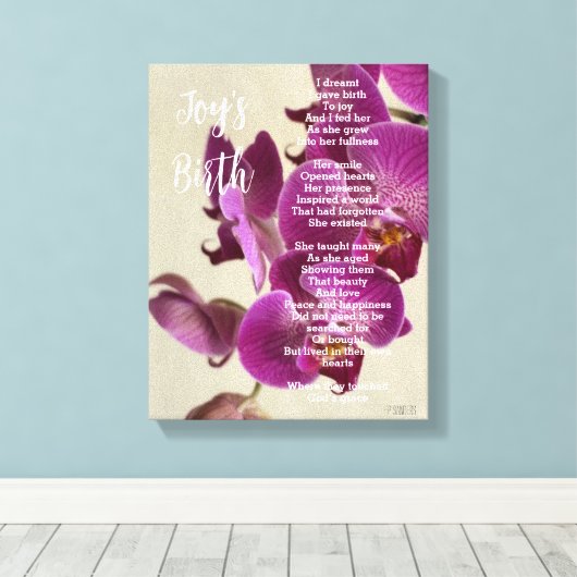 Joy's Geboorte Inspirerend Gedicht Roze Orchideeën Canvas Afdruk (Insitu (Houten vloer))
