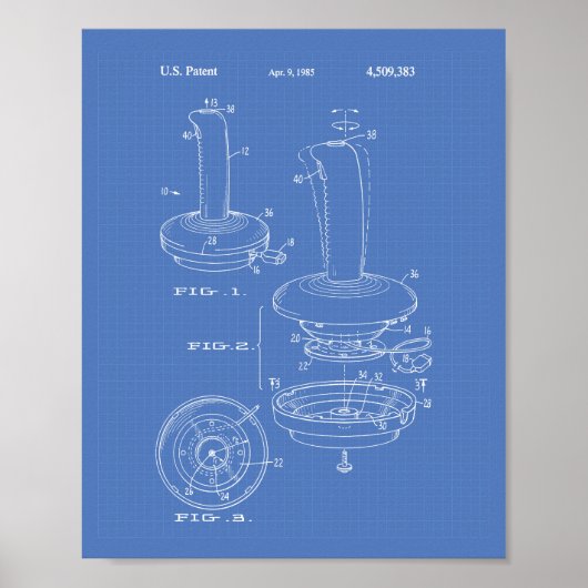 Joystick Controller 1985 Patent Art Blueprint Poster (Voorkant)