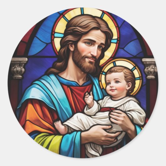 Jozef en Baby Jesus Christelijk Glas in lood Ronde Sticker (Voorkant)