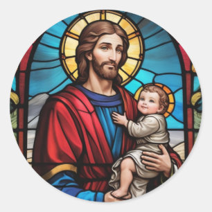 Jozef en Baby Jesus Christelijk Glas in lood Ronde Sticker