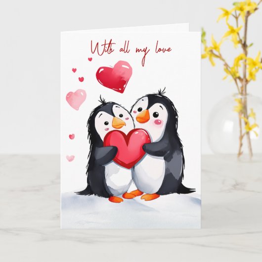 Jubilea pinguïns met rode harten kaart (Gele Bloem)