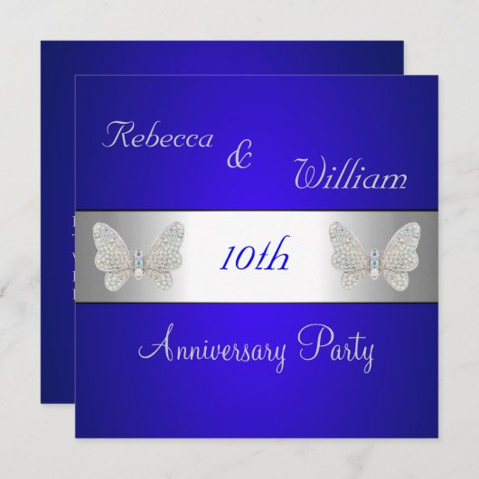 Jubileum 10e Elegant Cobalt & Silver Butterfly Kaart (Voorkant / Achterkant)