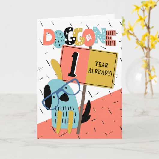 Jubileum 1 jaar Comic Dog Kaart (Gele Bloem)