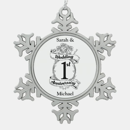 Jubileum 1e bruiloft tin sneeuwvlok ornament (Voorkant)