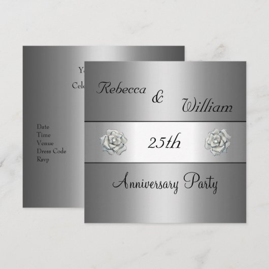 Jubileum 25e Elegant Silver Roos Party Kaart (Voorkant / Achterkant)