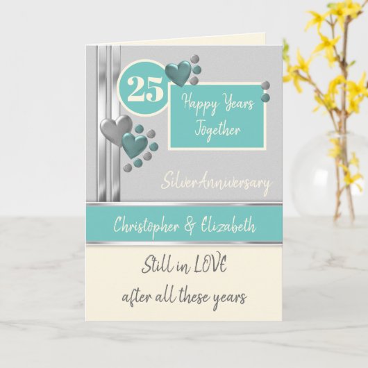 Jubileum 25e zilver 25 jaar turquoise crème kaart (Gele Bloem)