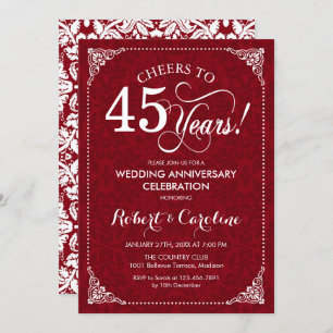 Jubileum 45e bruiloft - Ruby Red White Damask Kaart