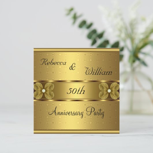 Jubileum 50e Elegant Roll Gold Party Floral Kaart (Staand voorkant)