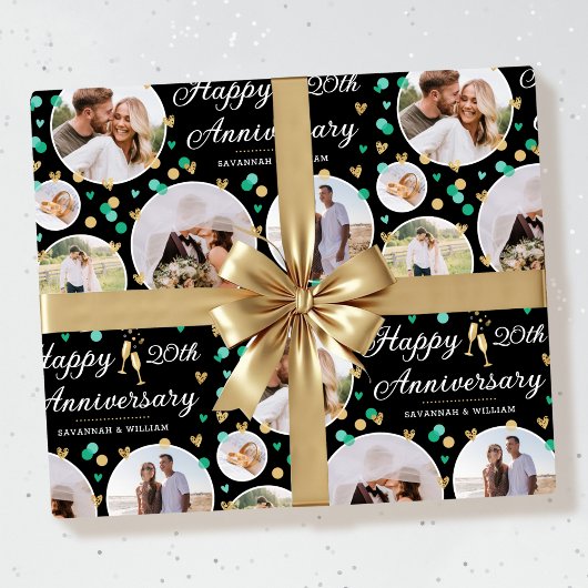 Jubileum 5 Foto Collage Green Black Faux Gold Cadeaupapier