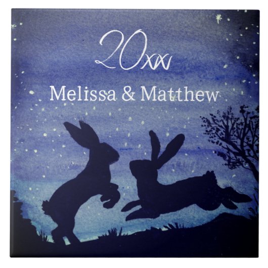 Jubileum aangepast Bunny Rabbit Blue Night Wedding Tegeltje (Voorkant)