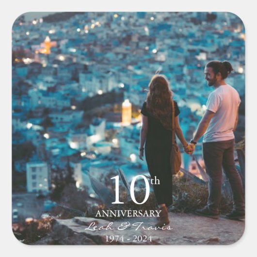 Jubileum aangepaste foto bruiloft chique wit lette vierkante sticker (Voorkant)