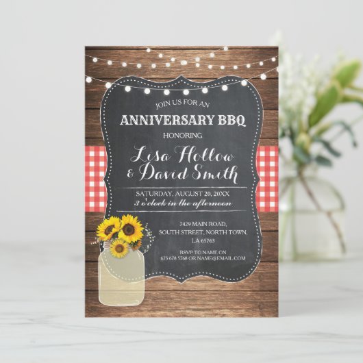Jubileum BBQ Red Check Chalk Jar Sunflower Kaart (Staand voorkant)