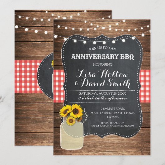 Jubileum BBQ Red Check Chalk Jar Sunflower Kaart (Voorkant / Achterkant)