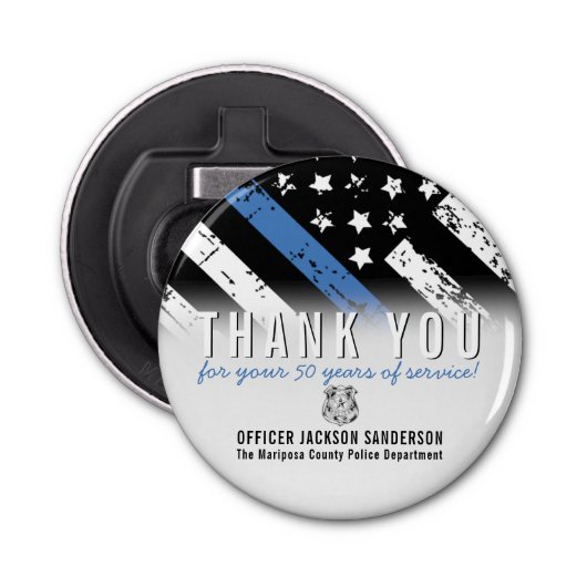 Jubileum blauwe lijn van politie button flesopener (Voorkant)